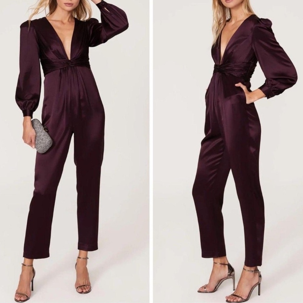 leena for Mac Duggal Satin Front Twist Puff Sleeve Deep V-Neck Jumpsuit -Reemoly